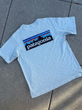 Patagonia Logo T Shirt Medium Blue Classic Graphic Tee Outdoor Casual